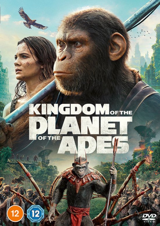 DVD hoes: Kingdom of the Planet of the Apes. Een mens en een aap kijken naar links, met een leger apen op de voorgrond.