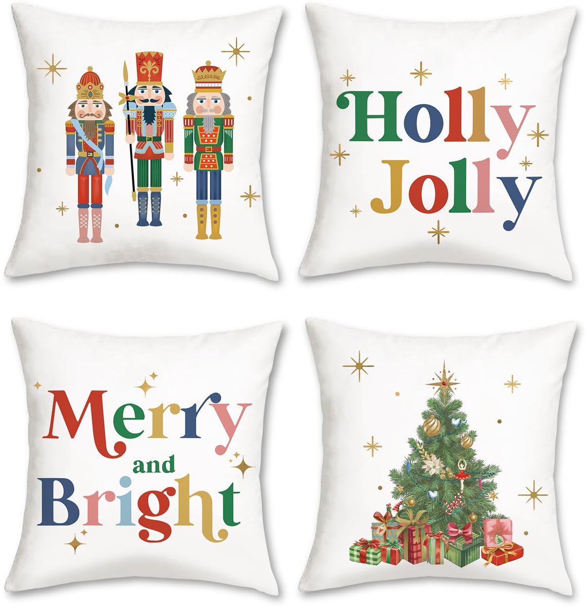Ibenzoa Set van 4 decoratieve kussenslopen met kerstthema en notenkrakerontwerp voor winterdecoratie wit