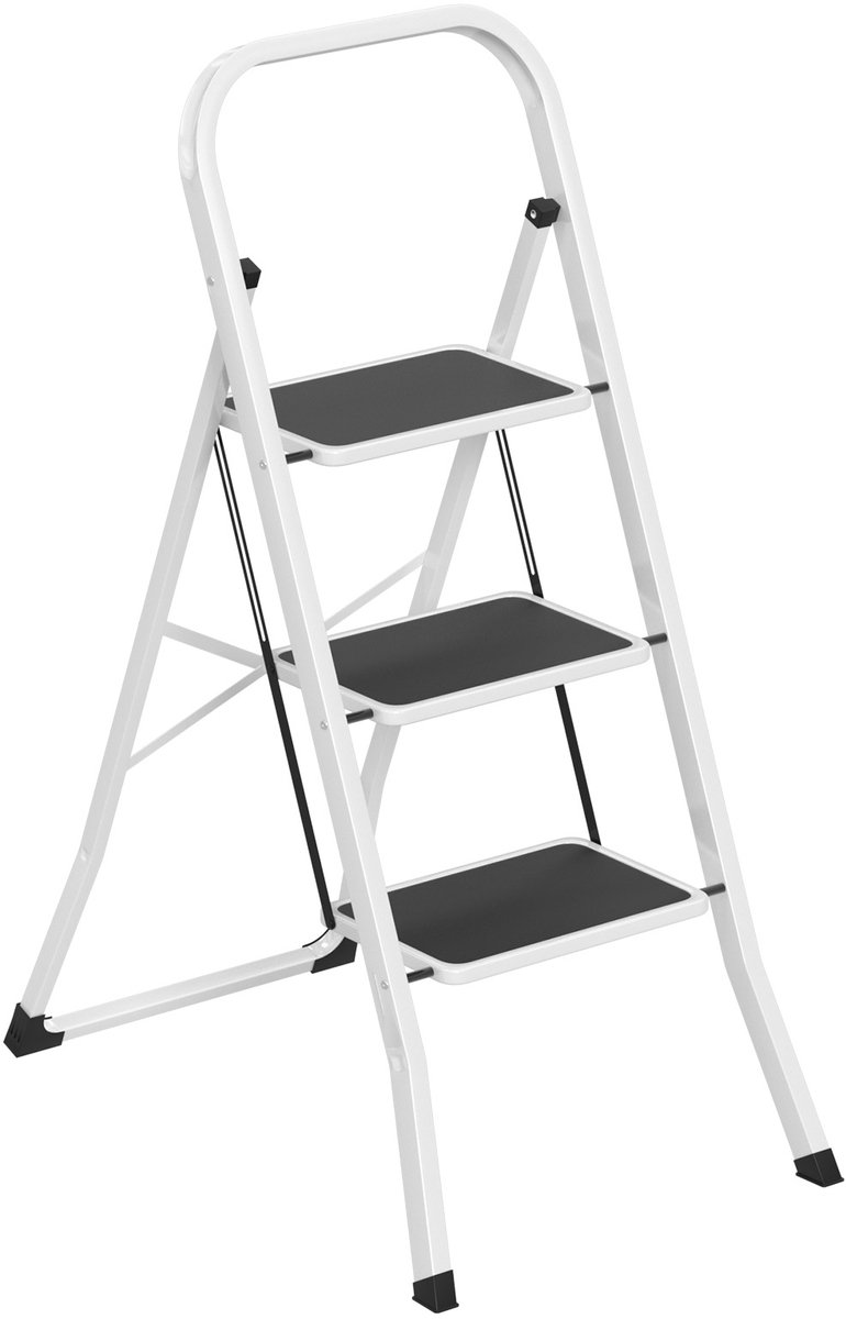 Aufun 3-traps opvouwbare trap - Gelegeerd staal - Antislip treden - Opgevouwen 5 cm dun - Draagvermogen 150 kg - Geen montage nodig - Voor keuken, garage en kantoor