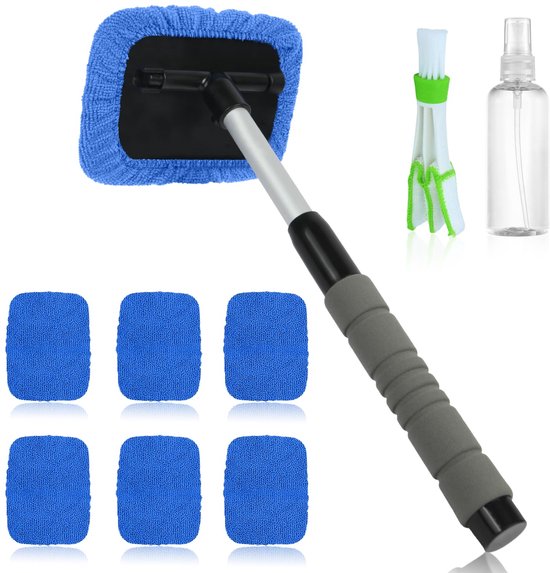 Huifoo Autoruitreiniger met 6 microvezelpads en spuitflessen, autoruitenwisserset, binnenreiniger met uittrekbare handgreep, 180 graden draaibaar, lichtblauw