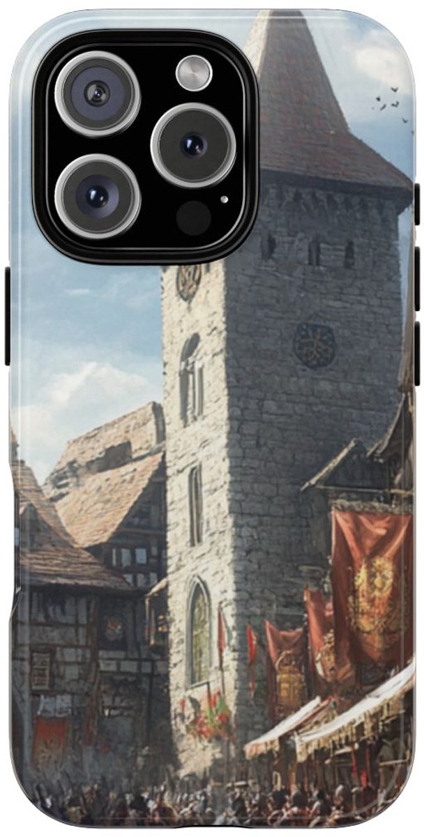 Middeleeuws Europees Dorpsstraat Tafereel – Telefoonhoesje Geschikt voor iPhone 16 Pro
