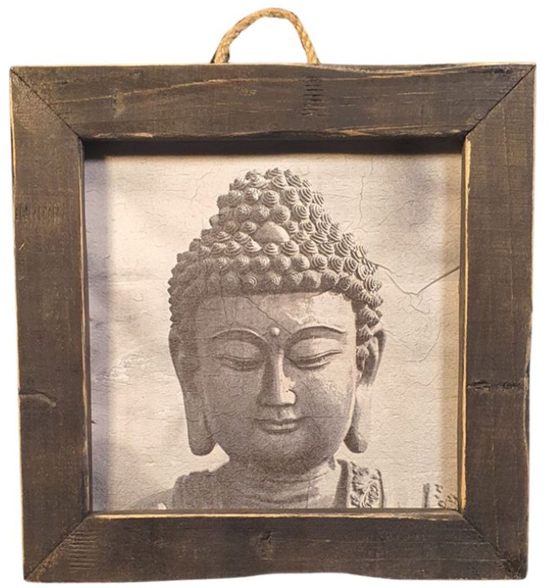 Houten wandtegel met een afbeelding van een Boeddha in een decoratief houten lijstje in de bekende Dutch Mood stijl - 22 x 22 x 3.5 cm