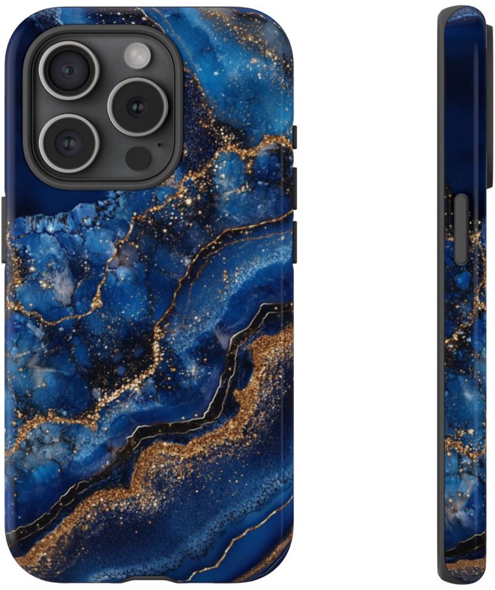 Blauw-Goud Geodepatroon – Telefoonhoesje Geschikt voor iPhone 15 Pro