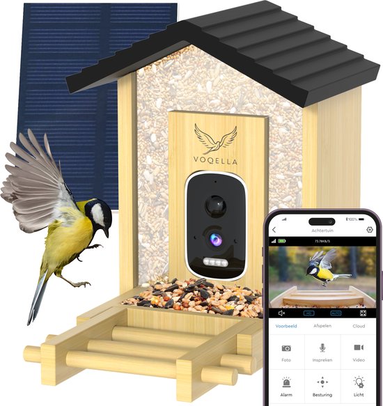 Voqella® Vogelhuisje met Camera - Vogelvoederhuisje met Camera - Wildcamera - Bird Feeder Camera - met Zonnepaneel - Video & Audio - Bamboe Hout