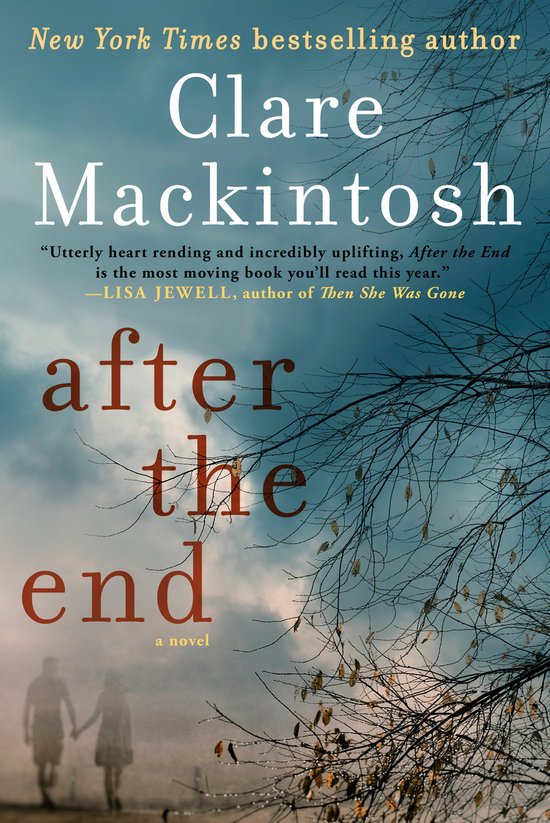 Boekcover 'After the End' van Clare Mackintosh, met een schaduw van een stel en takken tegen een dramatische lucht.
