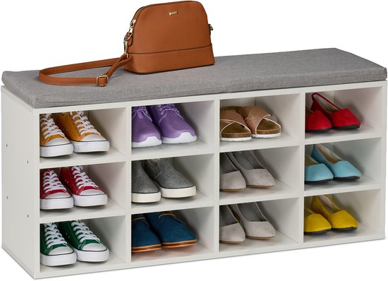 Meuble à chaussures avec coussin d'assise - 12 compartiments - 49,5x104x31 cm - blanc-gris