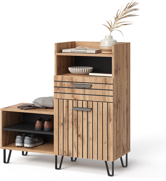Opbergkast Hal Vicco Amber Schoenenkast In Eiken Wotan – 2 Vakken, 59.8 X 100 Cm – Stijlvolle Opbergoplossing Voor Je Entree Schoenenkast Amber Eiken Wotan