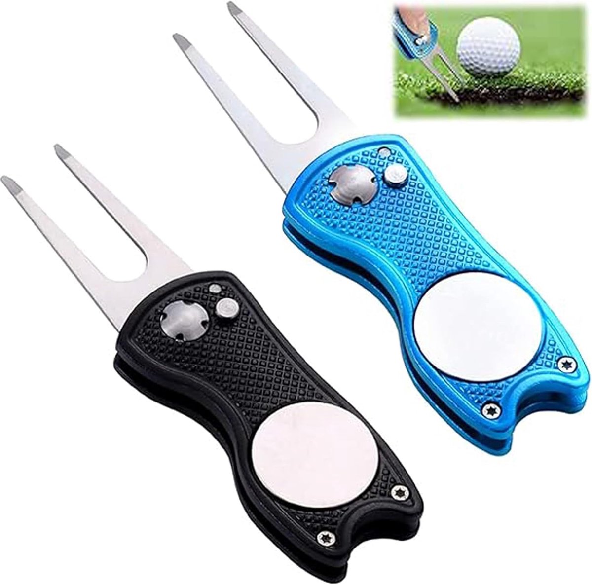 2 Stks Golf Groene Reparatie Pitch Vork, Standplaats Fork Golf, Golf Pitchvork, Inklapbaar, Met Pop-Up-Knop En Magnetische Kogelmarkering, Voor Golf, Clubsport In De Open Lucht