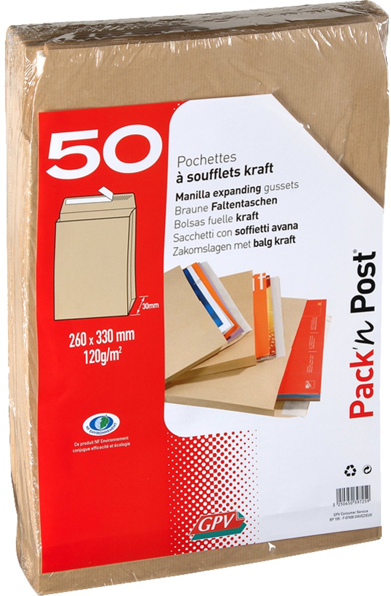 GPV akte-envelop met zijvouw en blokbodem 26, 28 x 37,5 x 3 cm, zonder venster, zelfklevend, bruin,