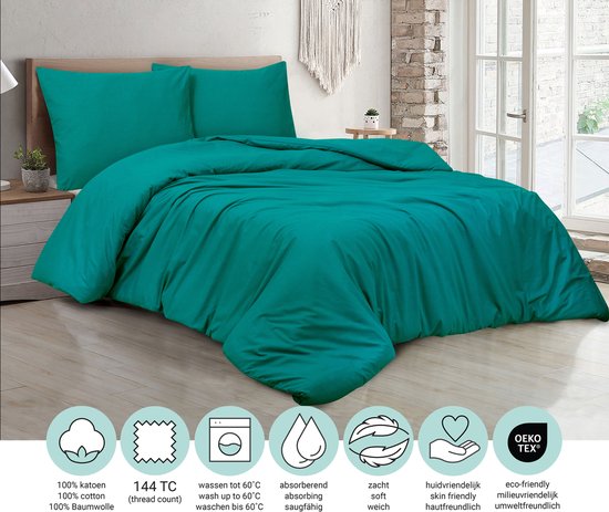 DoubleDry Dekbedovertrek 100% Natuurlijk Katoen - Tweepersoons 200x200/220 cm + 2 Kussenslopen - Ademend & Zacht - Zeegroen van Merkloos — afbeelding 2