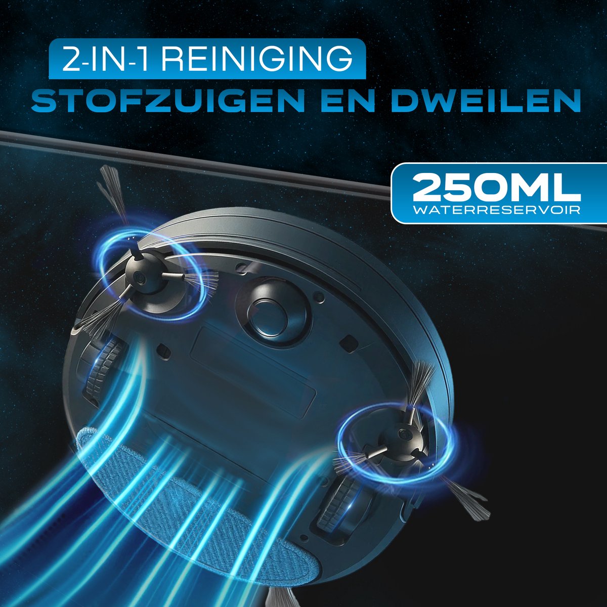 Afbeelding 2 van Powell Robotstofzuiger - Robotstofzuiger met Dweilfunctie - Robotstofzuiger met Laadstation - Robot Stofzuiger - Dweilrobot - Zwart