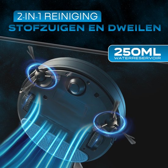 Onderkant van zwarte robotstofzuiger met draaiende borstels, dweilfunctie, 250ml waterreservoir en blauwe stralen.