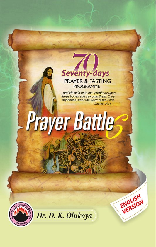 Boek met de titel '70 Seventy-days Prayer & Fasting Programme', met opgerolde perkamenten, Jezus en skeletten. Engels.