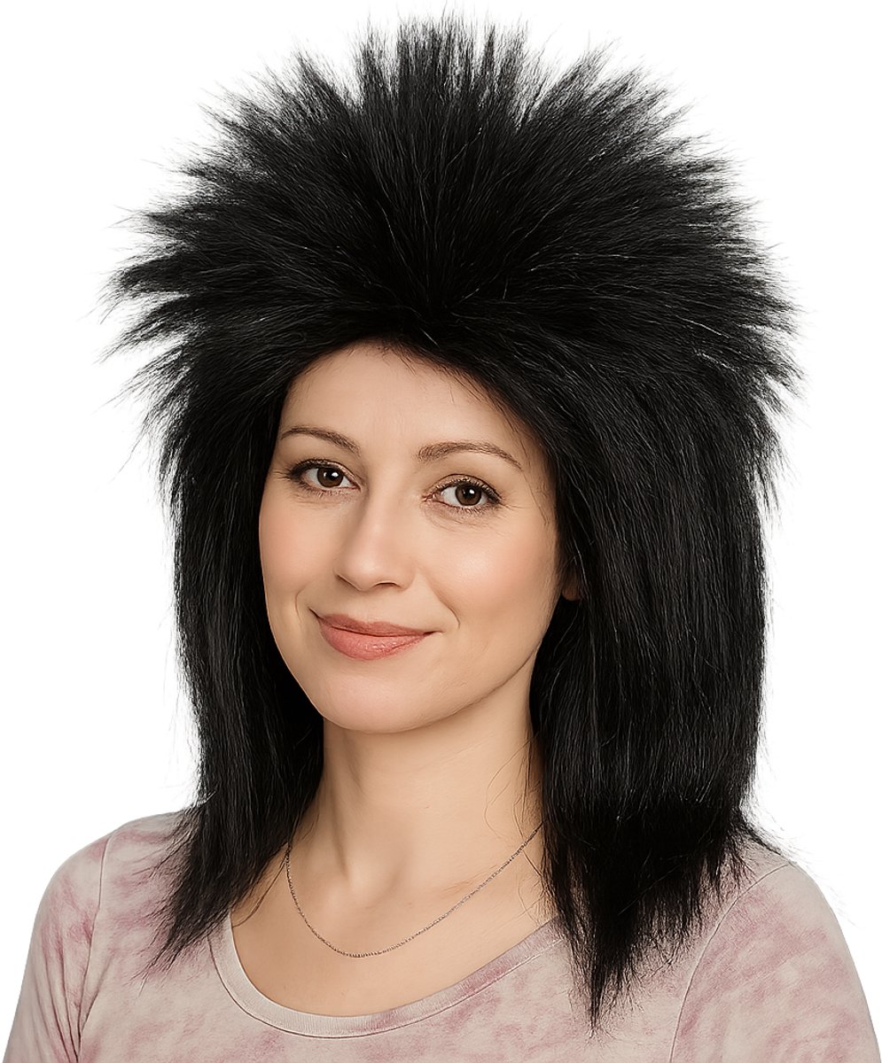 Verkleed Pruik Zwart Met Zilveren Glitter – 80s Punk Rock Feest Pruik – Carnaval & Themafeest