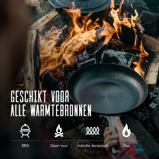 Gietijzeren pan boven een kampvuur. Iconen voor BBQ, open vuur, inductie en gas.