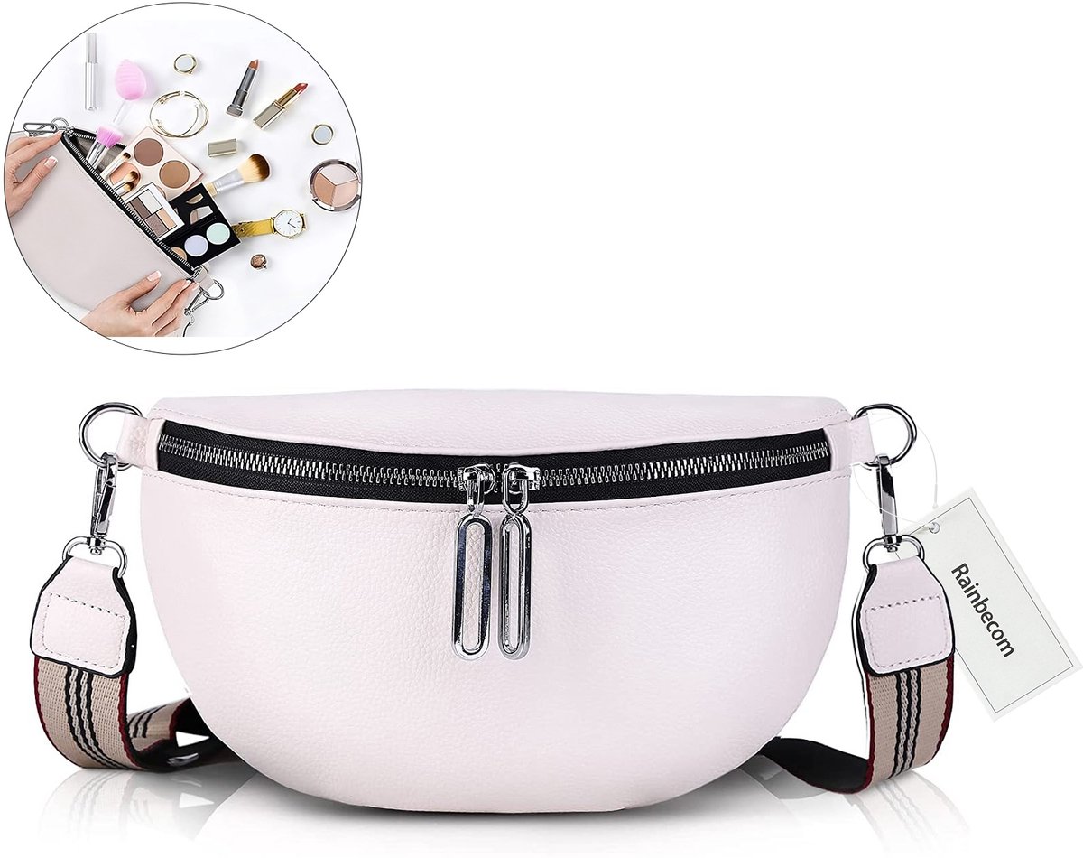 Rainbecom - Crossbodytas Dames PU Leer – 3 Vakken – Dubbele Rits - Stijlvol Schoudertas met Verstelbare en Afneembare Schouderriem – Beige – Lichtgewicht en Modieus – 23x15x8cm