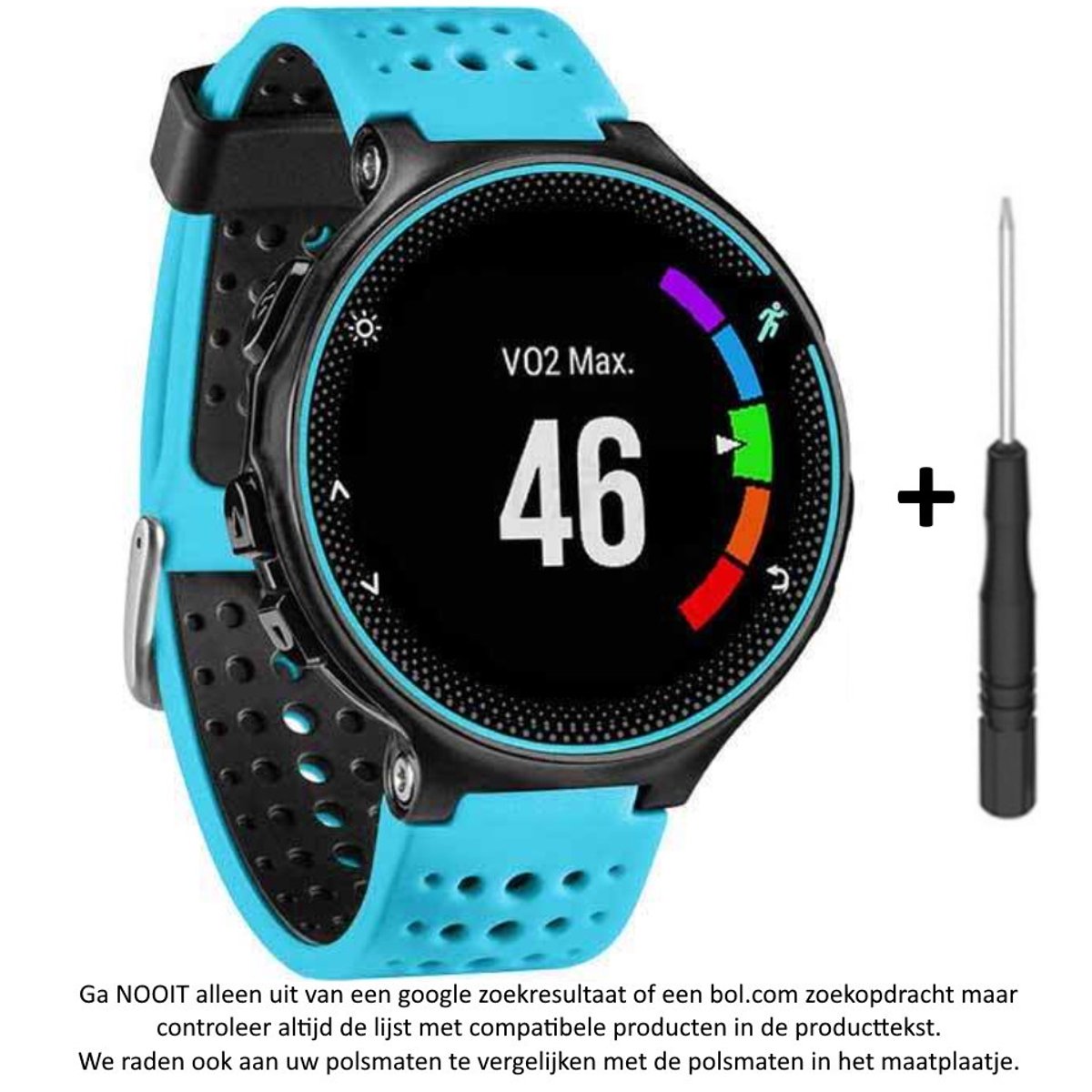 Blauw Zwart siliconen horlogebandje geschikt voor de Garmin Forerunner 220, 230, 235, 620, 630, 735XT, Approach S20, S5 S6 - Maat: zie maatfoto - horlogeband - polsband - strap - siliconen - blue black rubber