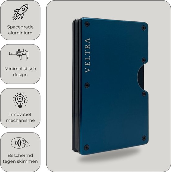 Portefeuille Veltra - Porte-cartes - Minimaliste - Homme et femme - Protection RFID - Aluminium - Jusqu'à 15 cartes - Mécanisme à ressort - Pince à billets - Billets - Bleu marine