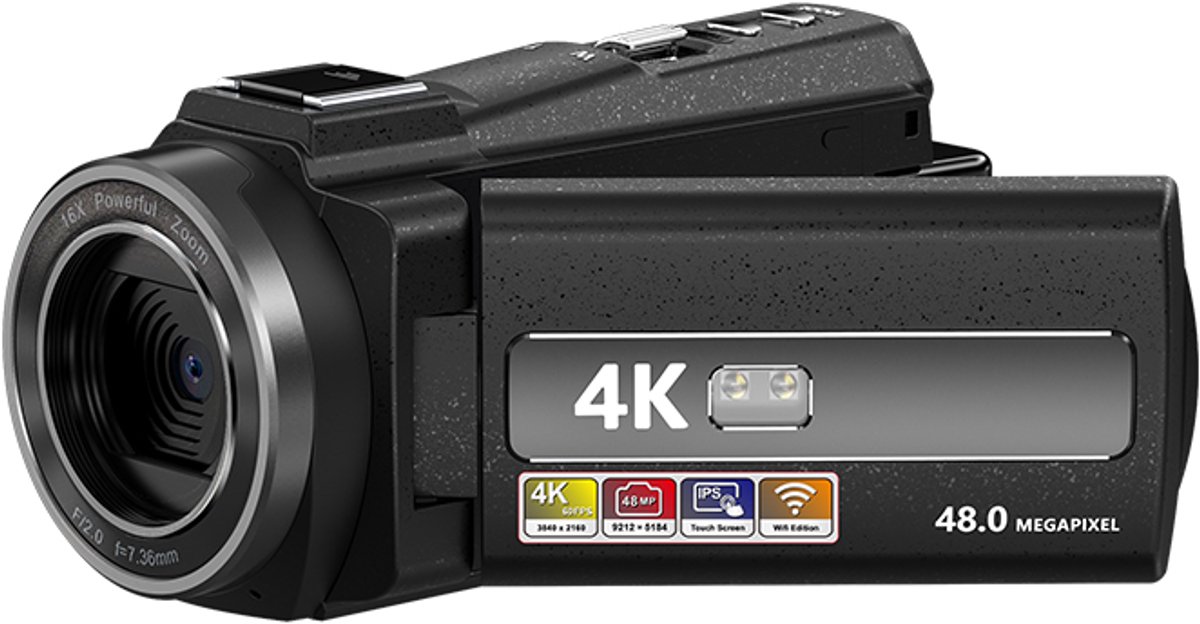 Videocamera 4K HD/48MP/16x Zoom/32GB kaart/microfoon Zwart