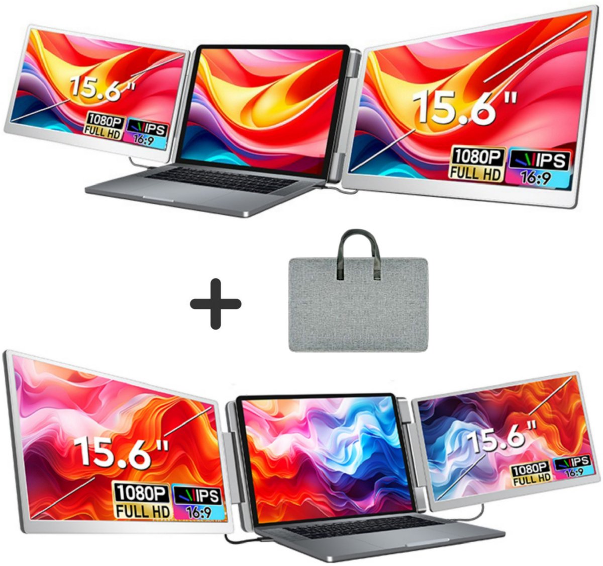 Gabrys® Ultra Triple Portable Monitor - geschikt voor 15,6" Tri-Screen - Full HD - Inclusief Beschermhoes en Kabels - Laptop Scherm Uitbreider - Draagbare Monitor - 2 jaar garantie