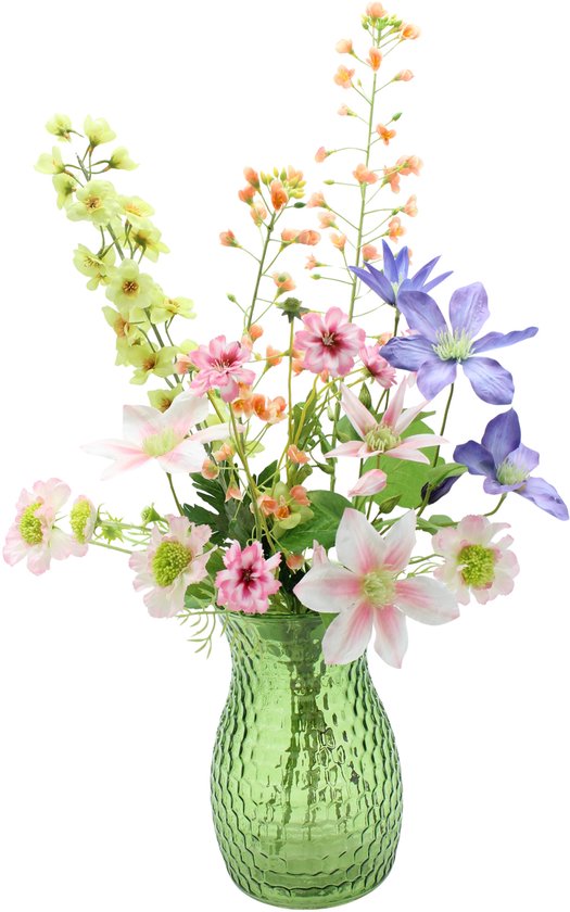 Bloemenjunkie - Kunstbloemen - Zijden Bloemen Boeket - Veldboeket - 60cm hoog - 6 Stelen - Zomers Geplukt - Scabiosa - Clematis - Cosmea - Lente - Voorjaar - Nepbloemen