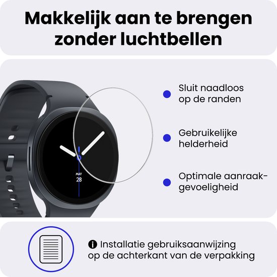 Een donkergrijze smartwatch wordt getoond met een transparante screenprotector die naadloos op de randen past.