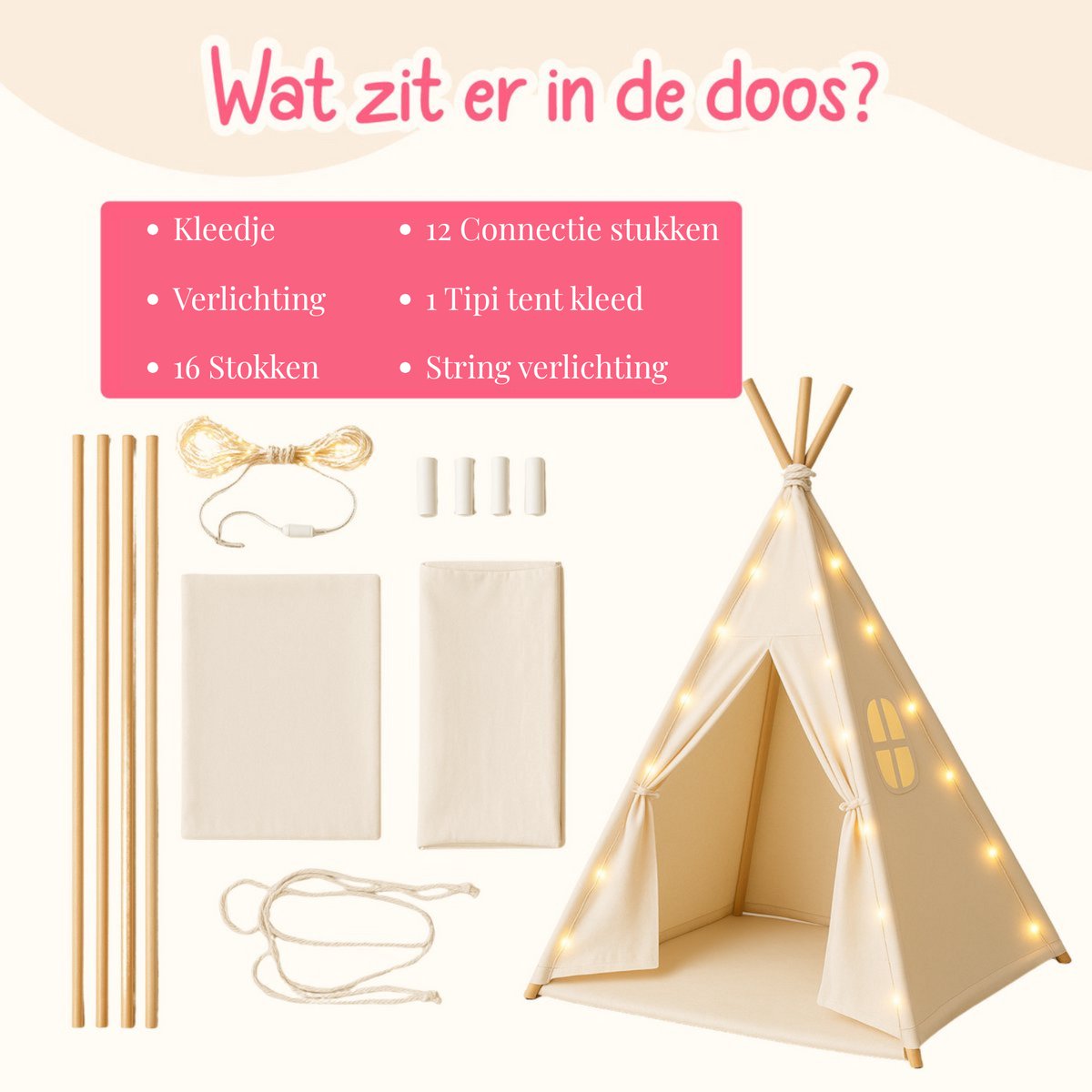 ZoeZo Design - Tipi Tent - Off-White - voor Kinderen - 100% Katoen - Wigwam Speeltent - Kindertent - Speeltent - Tipitent Speelhuis - 120x120x150cm — afbeelding 8