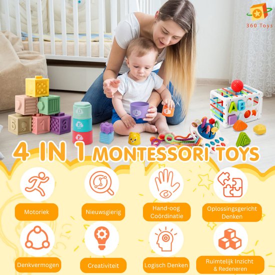 360 Living® - Baby Speelgoed 6 maanden - 4 in 1 set - Speelgoed 1 Jaar - Stapelstenen - Bijtketting - Trekkoord Baby - Vormenstoof - 0 tot 4 jaar - Babyspeelgoed 0 Jaar - Montessori Speelgoed - Baby Speelgoed van 360 Living — afbeelding 2