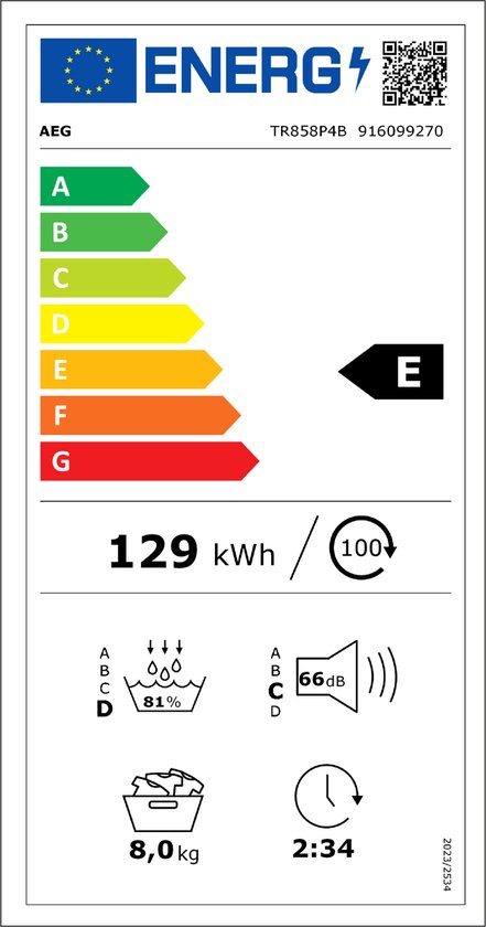 AEG TR858P4B 8000 serie AbsoluteCare®​ - Wasdroger Warmtepompdroger - 8 kg - Wit