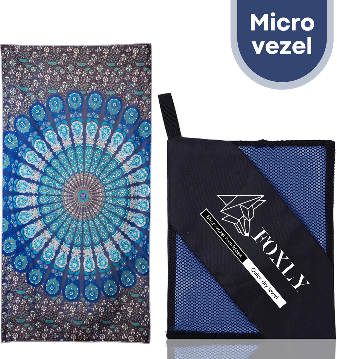 FOXLY® Microvezel Handdoek 160x80 cm - Mandala Blauw - Strandlaken - Badlaken - Reishanddoek Sneldrogend
