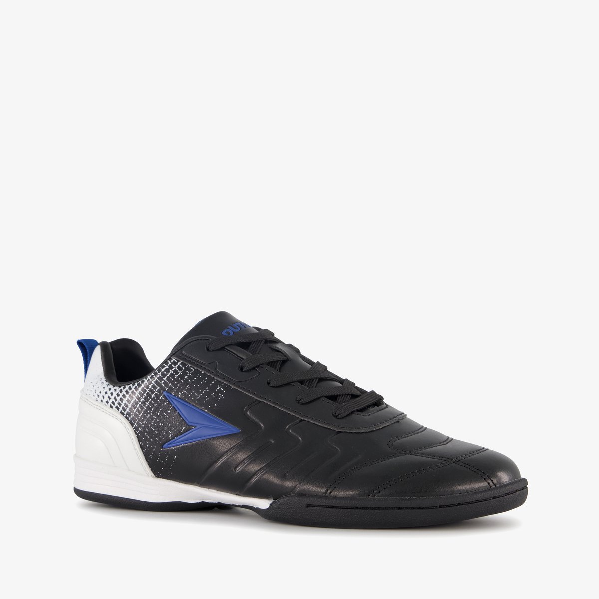 Zwart-witte zaalvoetbalschoenen voor kinderen, maat 36, met veters en uitneembare zool van rubber.