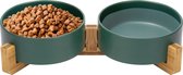Jake and Jacky Voerbak Kat en Hond Keramiek - Voerbakken Dubbel met Standaard - Drinkbak en Eetbak - 2x 400 mL - Groen