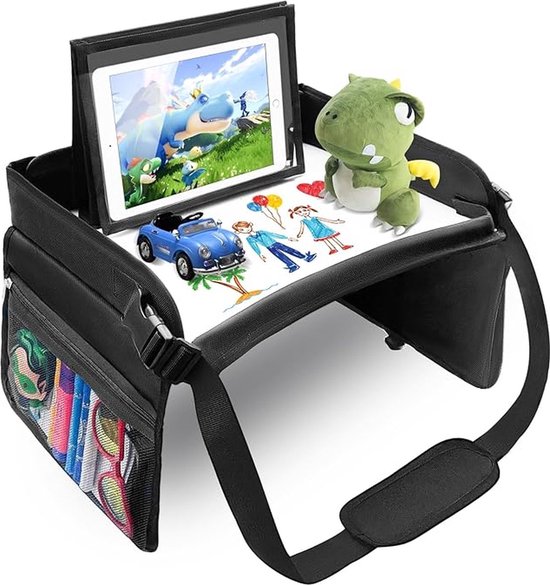 Tenify Luxe & Stevige Reistafel met Tekentafel & Tablethouder - Opvouwbaar - Auto Organizer - Whiteboard - Speeltafel - Autotafel Voor Kinderen - Zwart