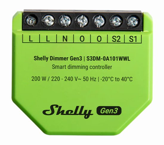 Groene Shelly Dimmer Gen3 slimme dimcontroller met zes schroefklemmen bovenaan en tekst met specificaties.