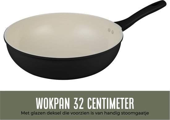 Zwarte wokpan 32 cm met witte binnenkant en glazen deksel met stoomgaatje.