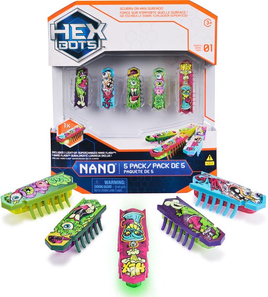 HEX BOTS nano 5 Pack, 4 nano Bots met extra Flash nano, sensorisch speelgoed voor kinderen en katten met trillingstechnologie, insecten- en minirobotspeelgoed