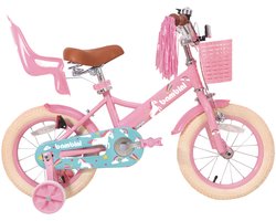 Bambini Kinderfiets - Kinderfiets 14 inch - Meisjesfiets - Unicorn design - Voor kinderen van 3 tot 6 jaar - Met zijwieltjes - Roze
