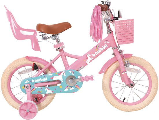 Bambini Kinderfiets - Fiets voor meisjes 16 inch - Voor kinderen van 3 tot 6 jaar - Inclusief opbergbak - Met zijwieltjes - Roze