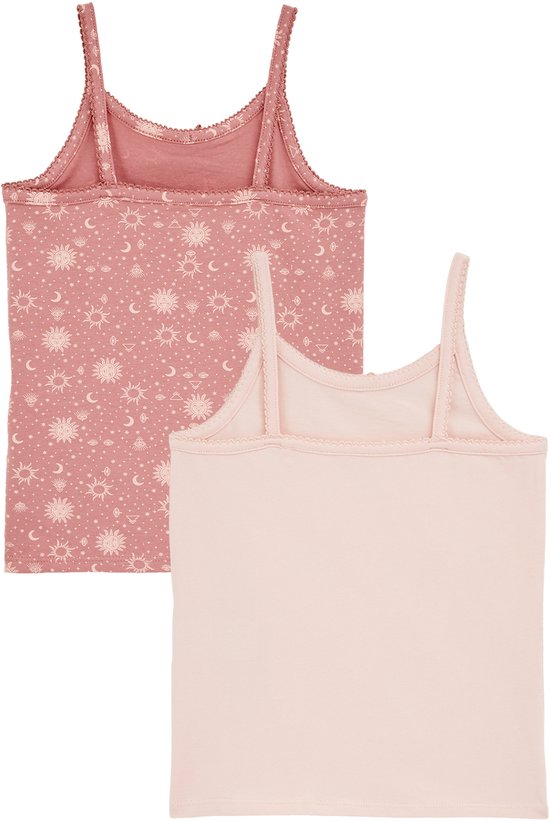 Twee roze singlets, één met all-over print van manen en sterren, de ander effen.