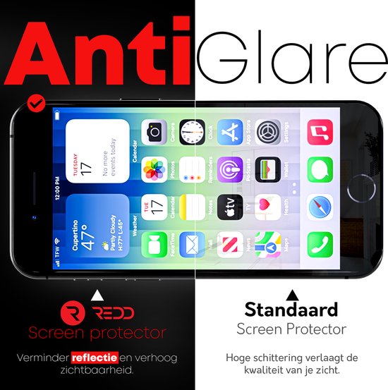 Film protectrice Anti Reflets sur smartphone rouge. Compare "Protecteur d'écran standard" et "Anti Reflets". Réduit la réflexion et augmente la visibilité.