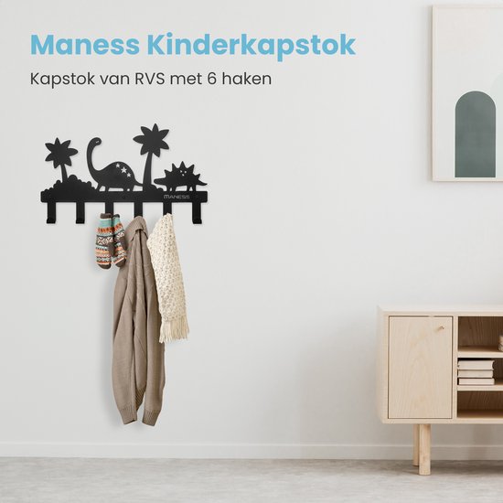 Kinderkapstok - Dino - Babykamer - 42cm - 6 haken – design - Inclusief bevestigingsmateriaal – Wandkapstok - Babykameraccessoires - Kinderkamer haakjes - Zwart - Modern — afbeelding 5