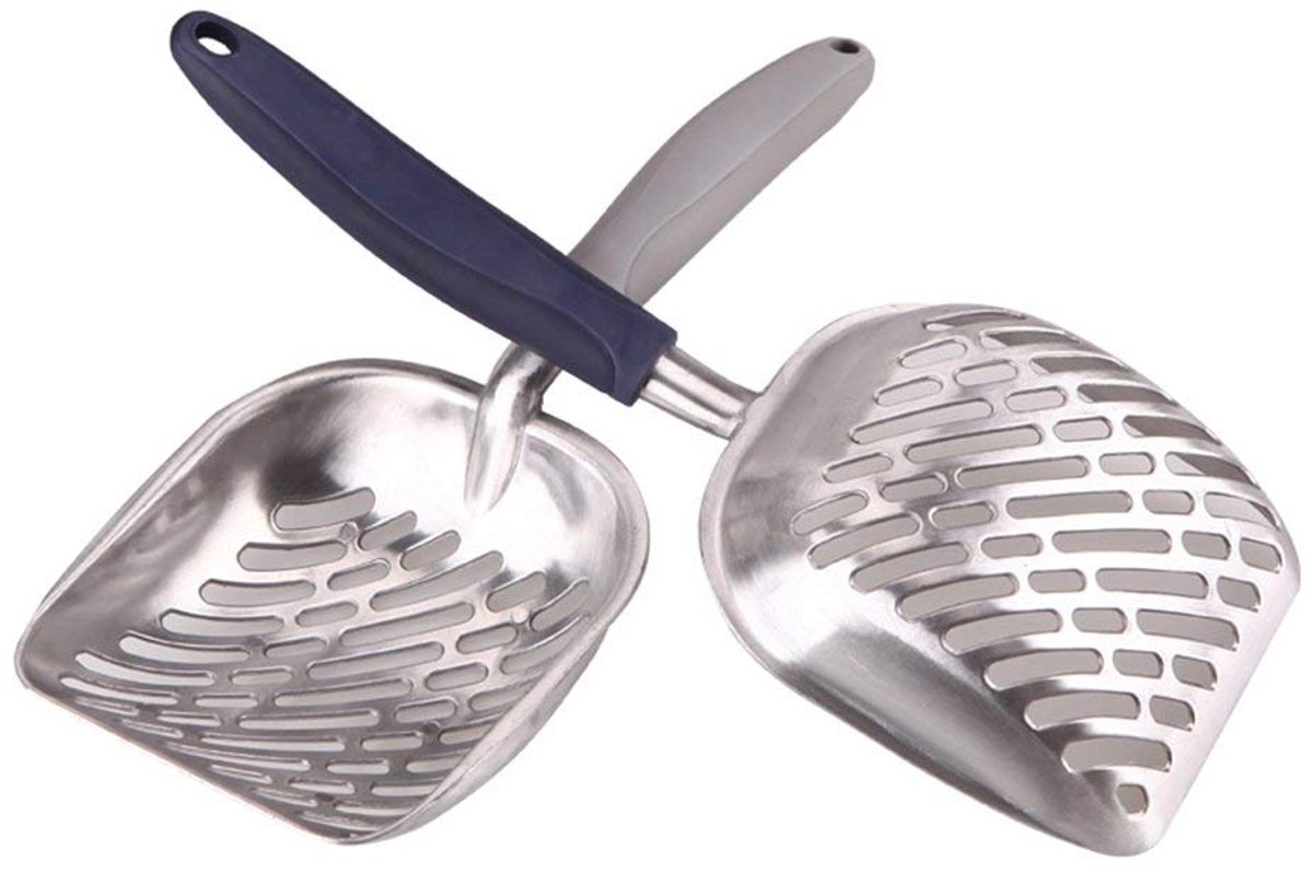 TRANKIELO® - Sterke Metalen Kattenbakschep met Duurzame Grip en Zeef – Blauw, Wit, Zwart – 14 x 5,5 x 1,6 Inch – Willekeurige Kleur