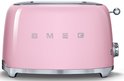 Roze SMEG broodrooster met zilverkleurige accenten en instelring.