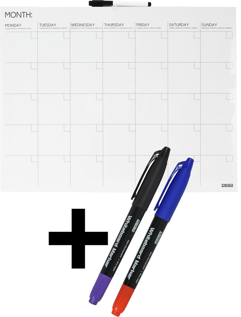 DESQ® Maandplanner met Stiften - Whiteboard - Frameloos - Magnetisch - Droog Uitwisbaar – 35 Dagen Indeling - 40 x 50 cm