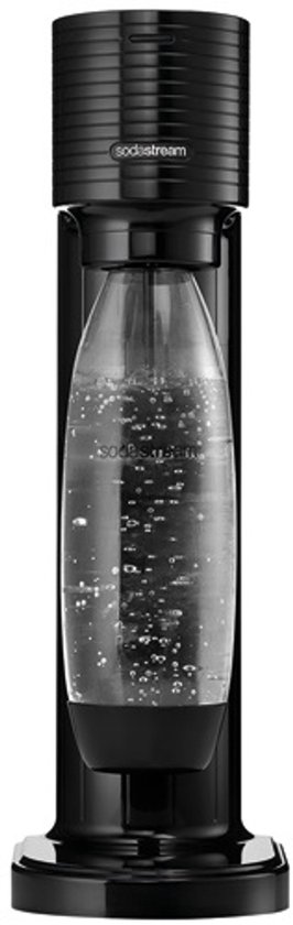 Zwarte Sodastream Gaia bruiswatertoestel met een fles bruiswater.