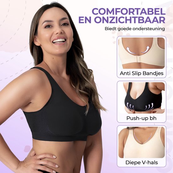 Model met zwarte naadloze push-up BH met anti-slip bandjes en diepe V-hals, die goede ondersteuning biedt.