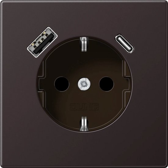 Prise murale JUNG Safety+ avec contact de terre, USB type A et C, LS990, aluminium laqué foncé