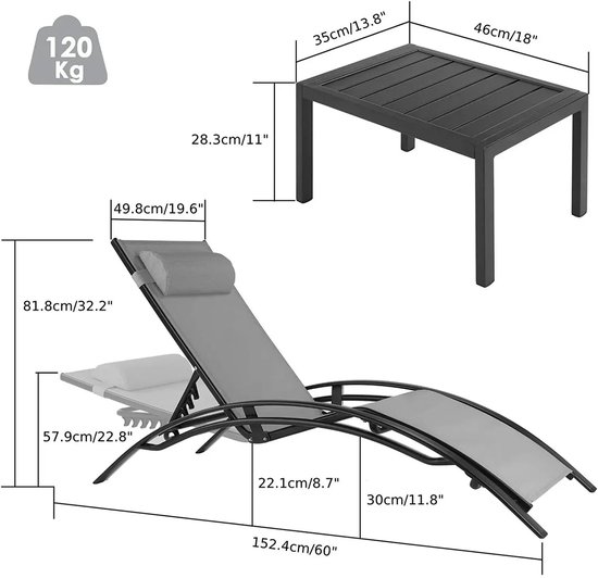 3-delige Aluminium Lounge Set voor Buiten - 2 Verstelbare Ligstoelen met 5 Posities + Bijzettafel - Stoelen - Chaise Loungeset voor Zwembad, Tuin, Strand & Camping - Zwart van Whoopr® — afbeelding 2