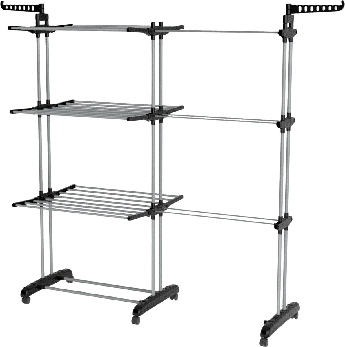 Vonia Droogtoren - Droogrek - Wasrek - Wastoren Dubbel - 3 Lagen - Inklapbaar - 150 x 50 x 171 cm - Grijs