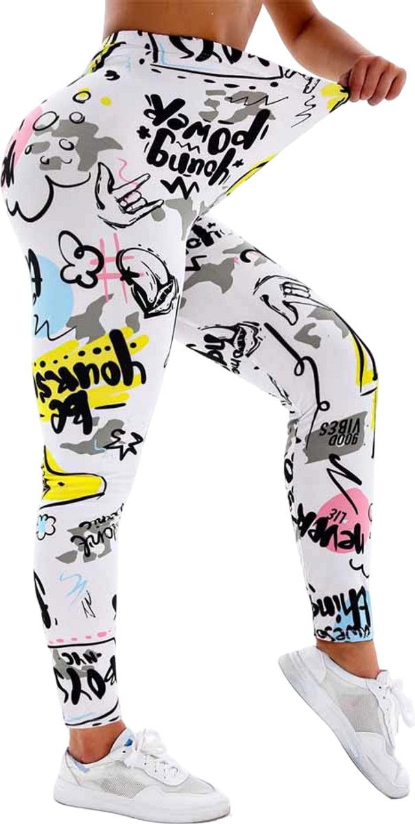 Sportlegging Streetstyle - Legging - Hiphop - Dames - Graffiti - Wit - Maat S — afbeelding 3